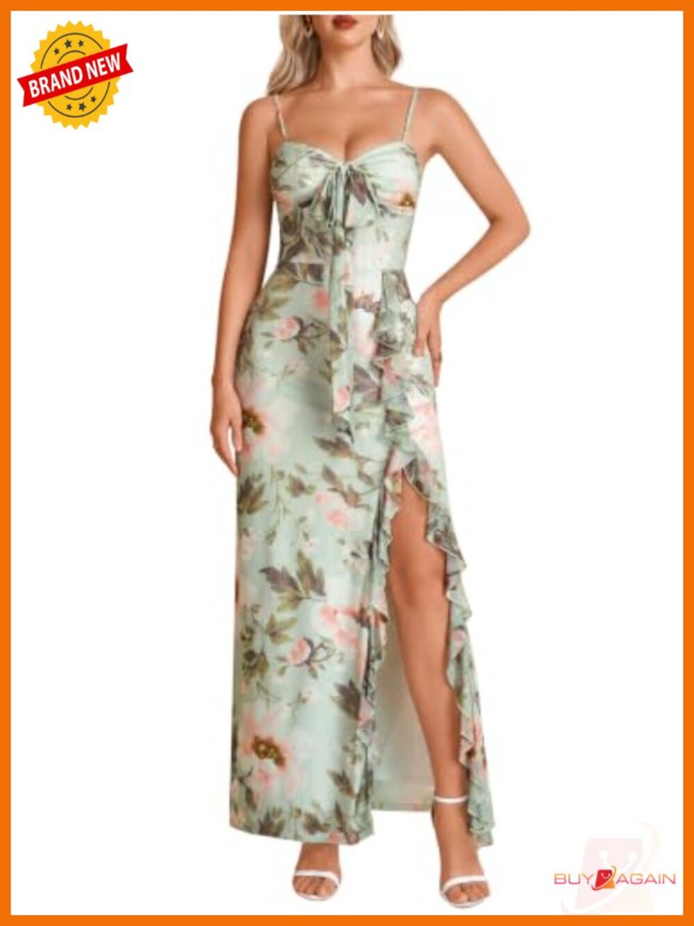 Formal Wedding Guest Maxi Dress Ruffle Spaghetti Strap Bodycon Slit Bow Tie
